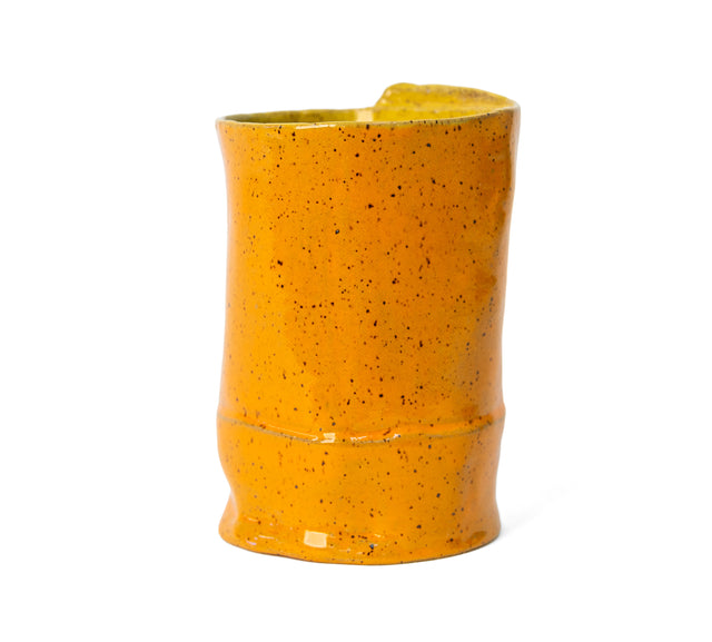 Marigold-glazed speckled stoneware vessel wrapped from a single slab, by Peter Souza Jr., J Schatz