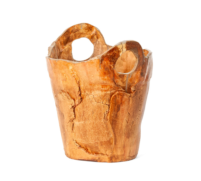 Rustic Container 1 by Jim Schatz — side profile showing both cut-out looped handles and the cracked, crazed terracotta surface