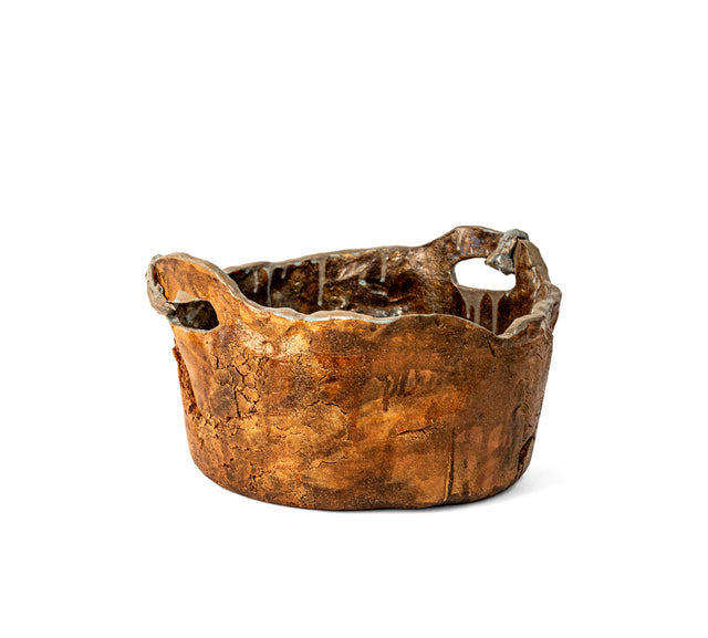 Rustic Container 2 by Jim Schatz — hand-built vessel with two looped handles and a crazed terracotta glaze, earthen orange pooling into rust