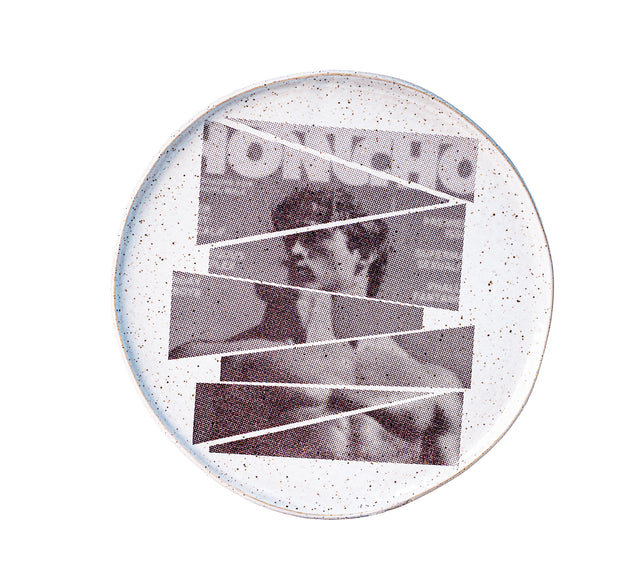 Honcho masthead and a shirtless figure cut into offset strips under glaze on speckled stoneware plate, J Schatz and Peter Souza Jr.