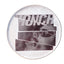 Honcho masthead and a cropped face in sunglasses cut into offset strips under glaze on speckled stoneware plate, J Schatz and Peter Souza Jr.