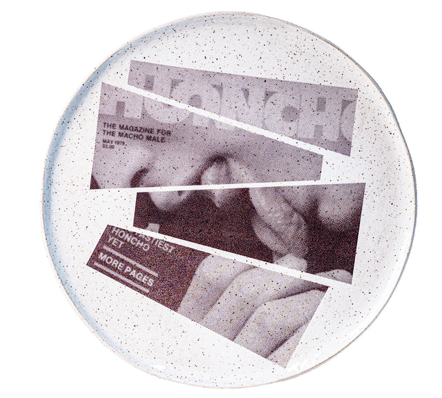 Honcho masthead, cover lines, and a figure cut into offset strips under glaze on speckled stoneware plate, J Schatz and Peter Souza Jr.