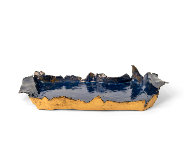 Slab-built stoneware tray with torn rim and deep cobalt interior glaze by Peter Souza Jr., J Schatz