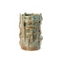 Stoneware vessel with applied clay strips under a mottled green glaze, alternate view, J Schatz