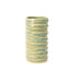 Stoneware vessel wrapped in overlapping clay bands under pale green and blue glaze, alternate view, J Schatz