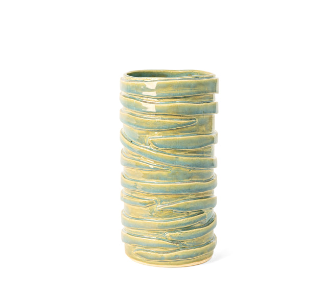 Stoneware vessel wrapped in overlapping clay bands under pale green and blue glaze, alternate view, J Schatz
