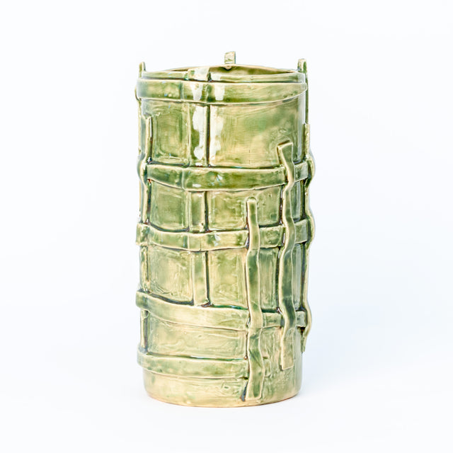 Green-glazed ceramic vessel with applied lattice strips, J Schatz